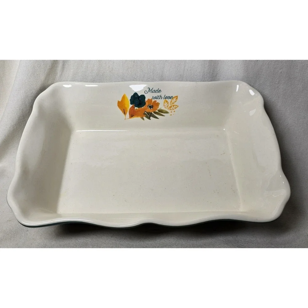 Pioneer Woman Baking Dish. Timeless Floral Green Scalloped Edge  12